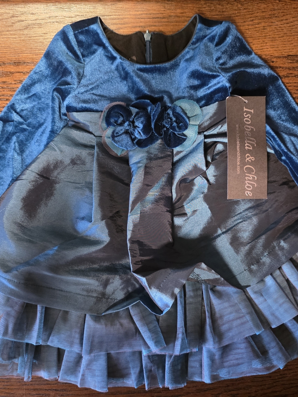 Isobella & Chloe Deep Blue Velvet and Taffeta Flower-Trim Dress 12M